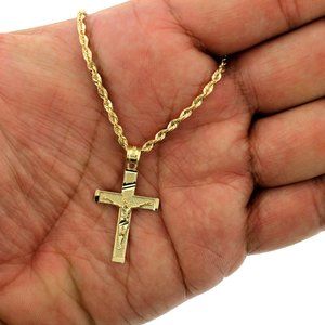10K Real Gold Rope Chain and Cross Pendant Set